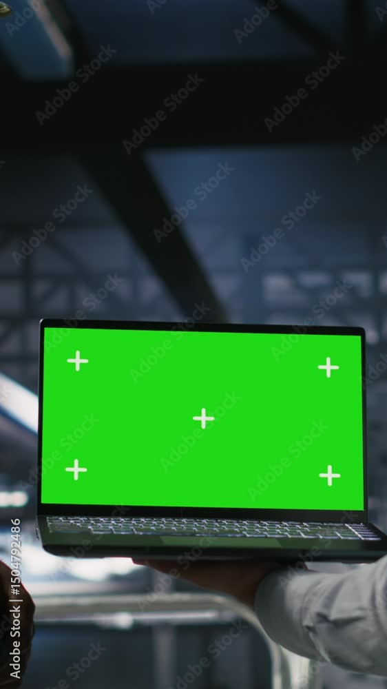 Poster vertical video army tech specialist in data center and coworkers using green screen laptop to troubl
