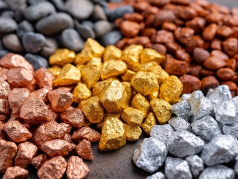 Various metal nuggets, gold, silver, copper, and iron ore, arranged for display, shining brightly.