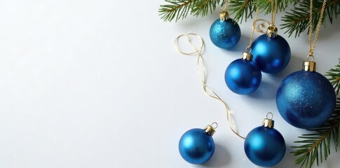 Blue and gold Christmas baubles on white Elegant festive flatlay , decor, backdrop, top view