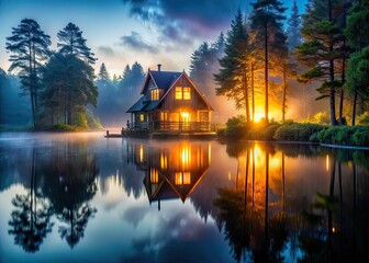 Fototapeta premium Misty Night House by Water, Serene Forest