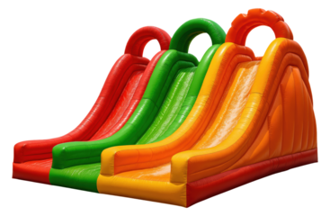 Vibrant and Colorful Inflatable Slides Featuring Red, Green, and Yellow Elements for Outdoor Fun and Recreation, Isolated on Transparent and White Background