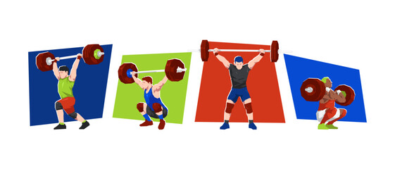 Illustration of male weightlifter characters. Sport, gym, weightlifting. Cartoon flat vector.