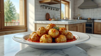 Delicious golden meatballs simmered in rich tomato sauce grace a pristine white dish in a sunlit kitchen setting a perfect culinary scene for food blogs or recipe websites showcasing delectable Italia