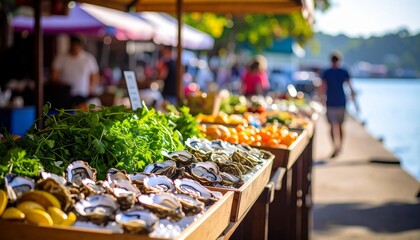 Colorful market stalls at the Knysna waterfront, with oysters on display, chalkboard signs, and fresh herbs