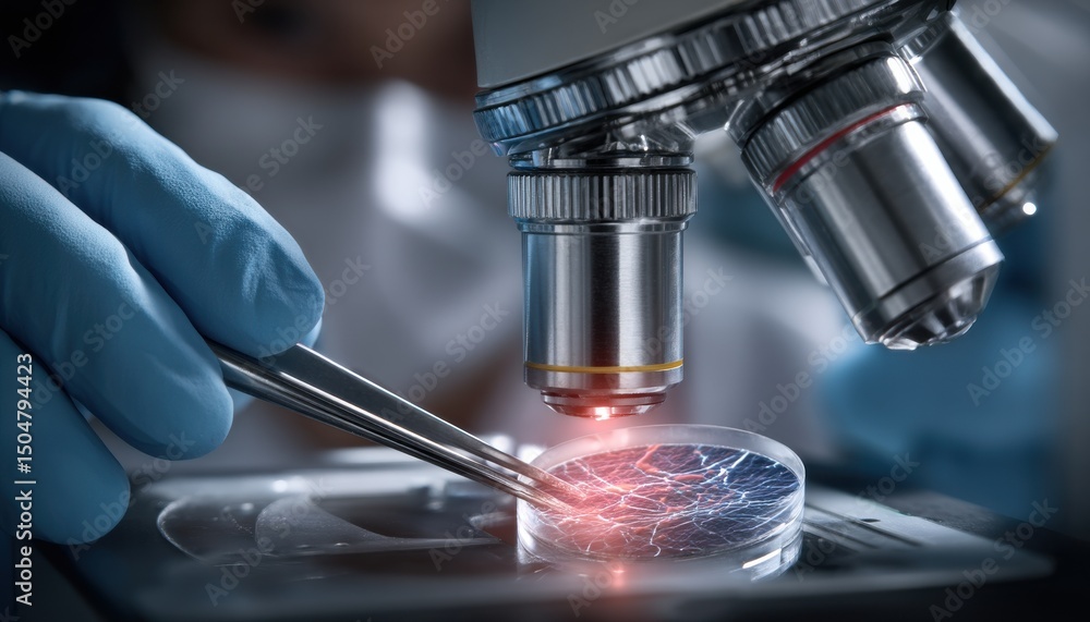 Poster A scientist is looking at a cell under a microscope