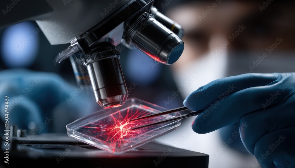 Poster a scientist is looking at a cell under a microscope