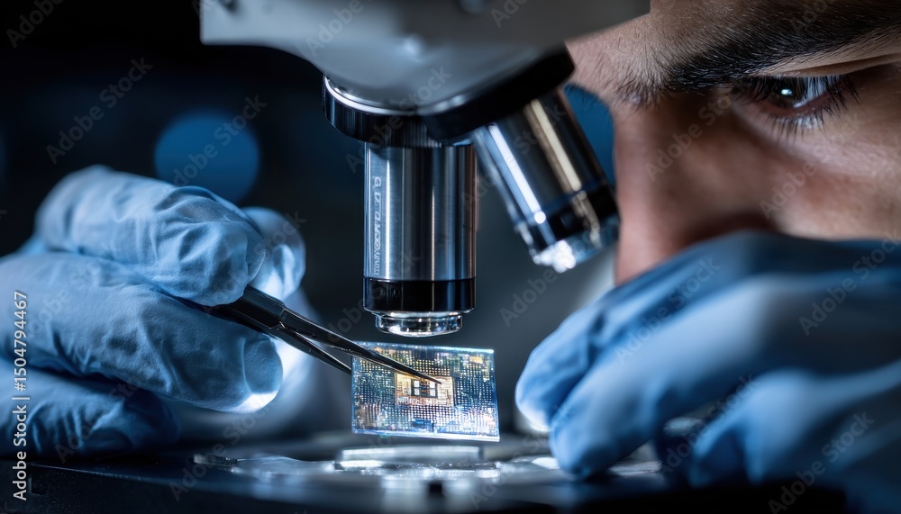 Poster A man is looking through a microscope at a small object