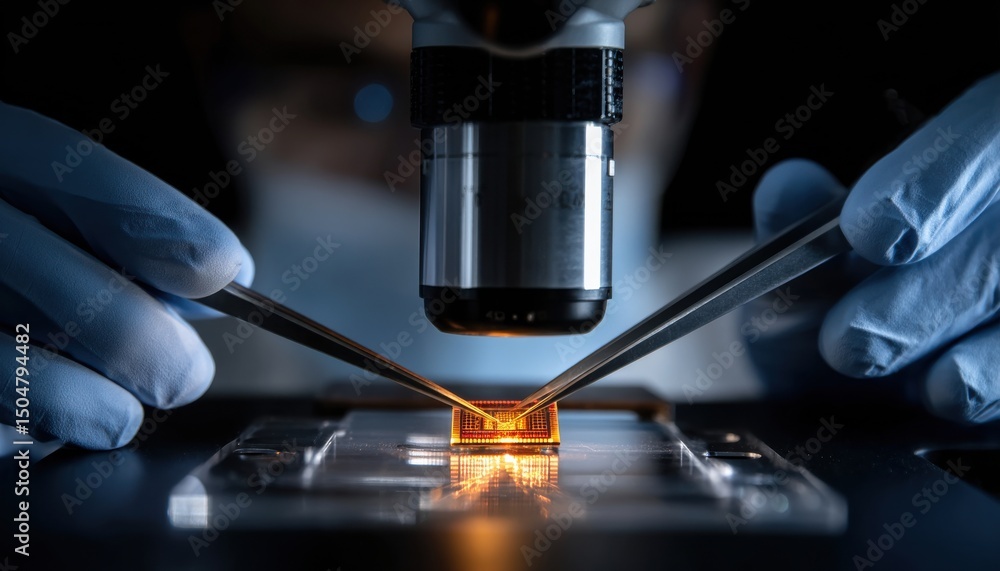 Poster A scientist is using a microscope to examine a small object