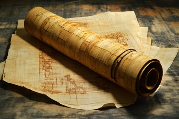 Fototapeta premium Antique rolled map on weathered wooden surface