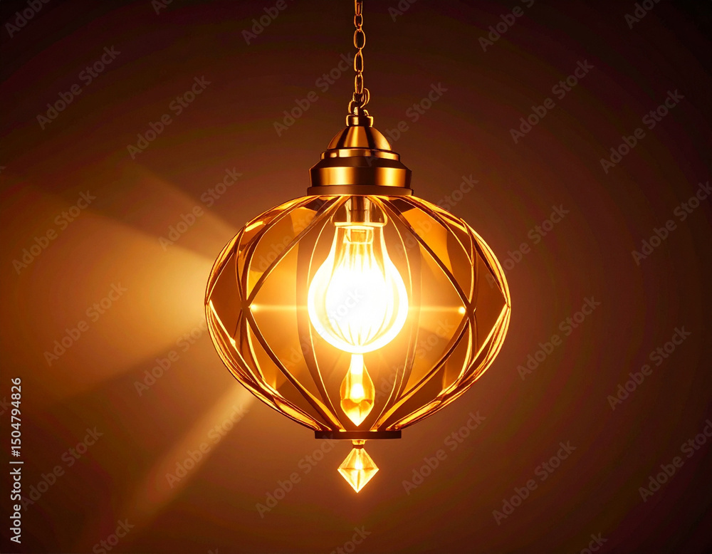 Poster an elegant golden hanging light fixture with intricate patterns encases a softly glowing bulb. suspe