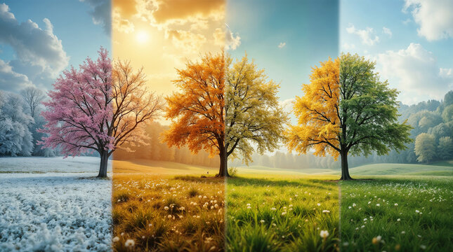 collage in one photo with beautiful nature four seasons winter, spring, summer and autumn of the same location from one angle