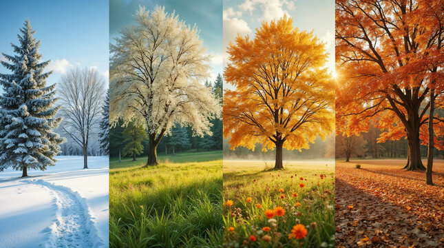 collage in one photo with beautiful nature four seasons winter, spring, summer and autumn of the same location from one angle