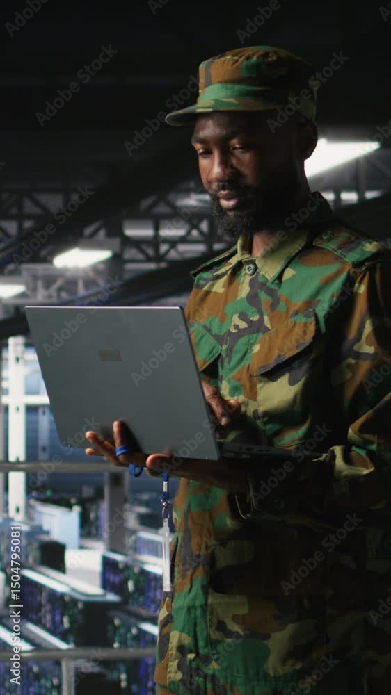Poster vertical video army information technology specialist in data center troubleshooting military comput