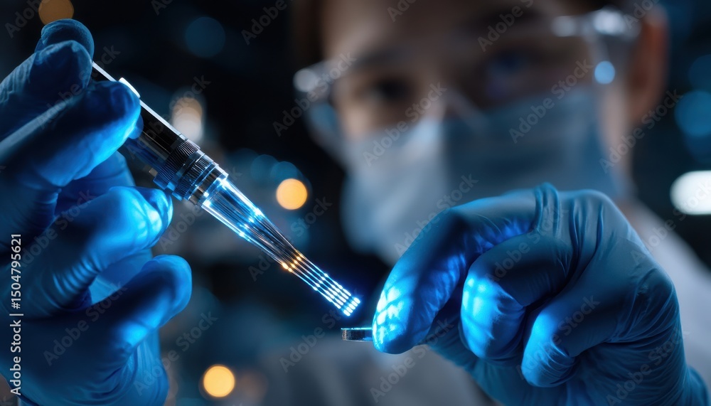 Poster a scientist is holding a syringe and a small device