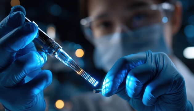 A scientist is holding a syringe and a small device - Powered by Adobe