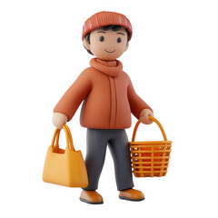 Cartoon character holding bags on transparent background