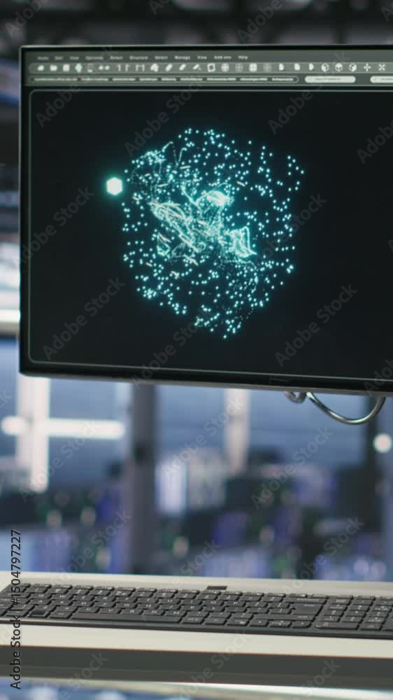 Poster vertical video pc monitor on data center industrial platform displaying hardware status for ai train