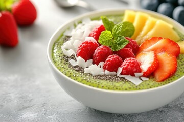 Healthy dessert delight matcha chia pudding bowl with fresh fruits kitchen table food photography bright background wellness concept