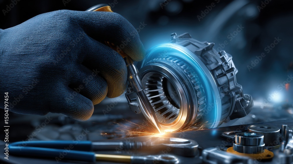Aufkleber A person is working on a car engine, cutting a part with a pair of scissors