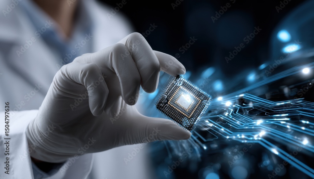 Aufkleber a person is holding a computer chip in a white lab coat