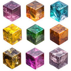 Nine colorful crystal cubes displayed on transparent background