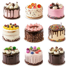 Selection of cakes arranged on transparent background