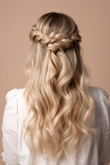 Naklejka premium A woman with long blonde hair is wearing a white shirt and has her hair in a bun