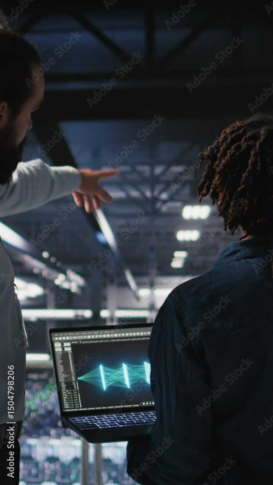 Poster vertical video server farm manager overseeing work done by engineer reviewing neural network code an