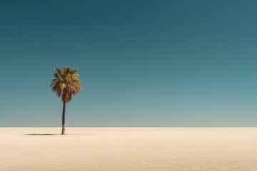 A lonely palm tree under a clear blue sky. This stark landscape evokes a sense of solitude and peace