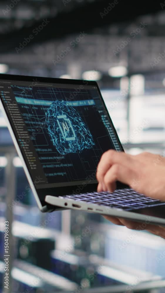 Poster vertical video close up of it specialist in server room doing ai deep learning automatization. data 