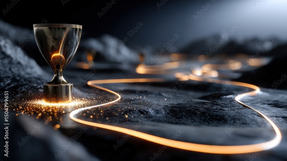 Poster a gold cup is placed on a rocky surface with a glowing line in the background