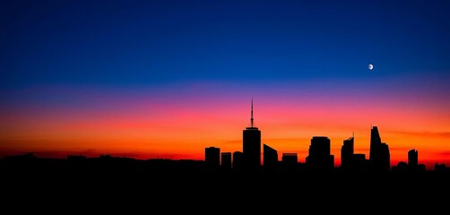 Fototapeta premium Silhouetted city skyline at sunset, double moon backdrop, buildings, night sky