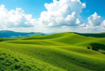 Obraz premium Serene green hills under a bright blue sky with fluffy white clouds, wallpaper, blue