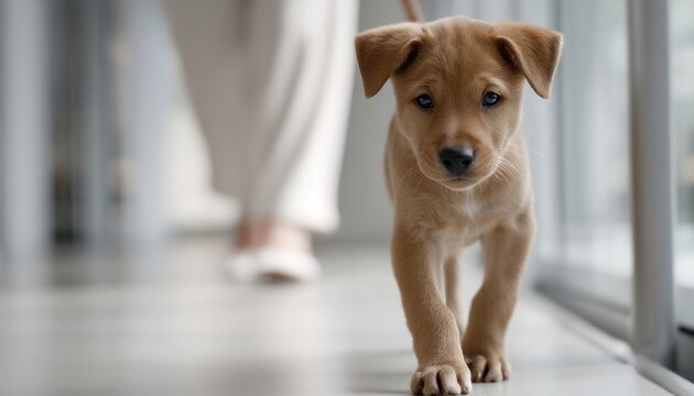 A small brown dog is walking on a floor next to a person