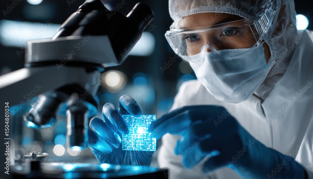 Poster a scientist is holding a small electronic device under a microscope