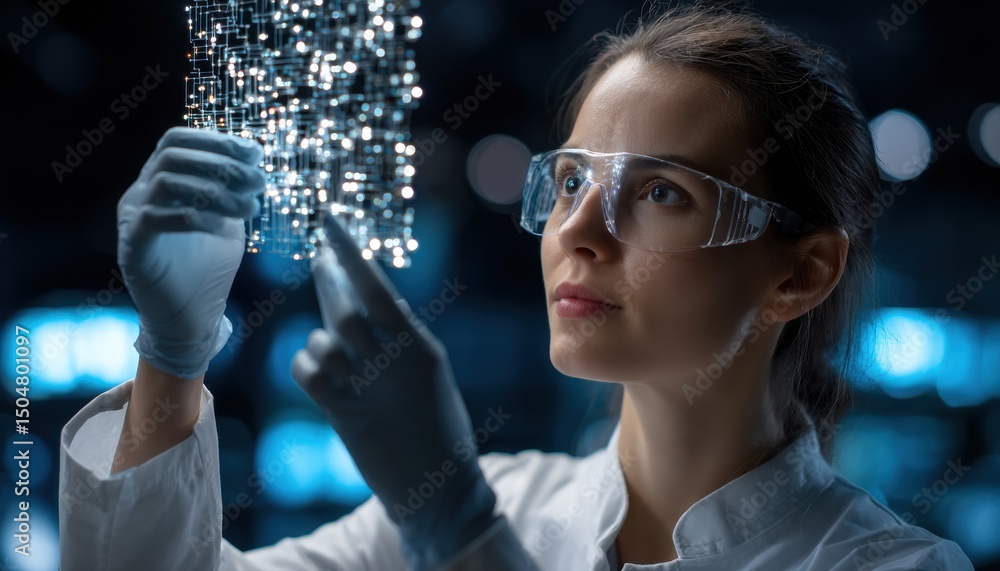 Poster a woman wearing a lab coat and goggles is pointing at a computer screen