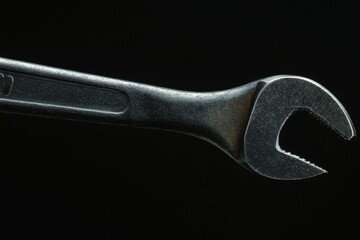 Heavy-duty metal wrench on black background industrial tool close-up photography contemporary style high-resolution image capture