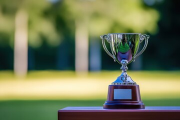 Polished metal trophy on podium symbolizing achievement in sports outdoor setting photography bright environment close-up view concept of excellence