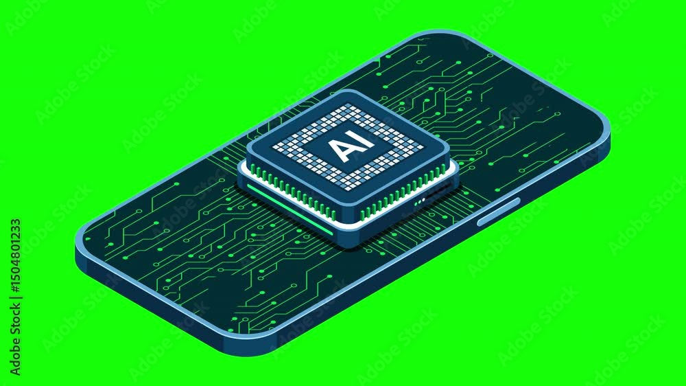 Poster isometric smartphone with ai animation. artificial intelligence and smartphone concept. smartphone w