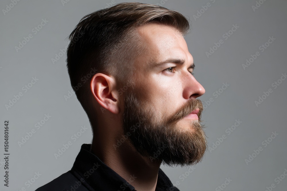 Poster a man with a beard and a shaved head
