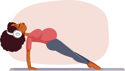 
Mom in Purvottanasana Pose Vector Cartoon Illustration. Mother to be doing prenatal yoga exercises to stay in shape while listening to music