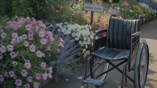Empty wheelchair resting beside vibrant flowerbed, representing accessibility and peaceful garden environment with serene summer landscape supporting independence and wellness