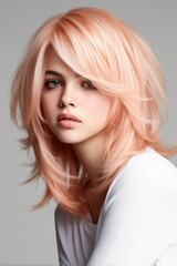 Fototapeta premium A woman with pink hair is sitting in a white shirt