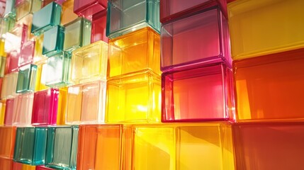 Colorful translucent blocks create a vibrant wall