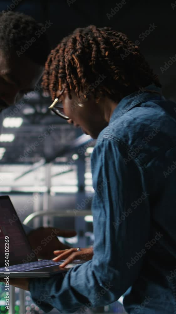 Poster vertical video data center programmer panicking after receiving critical error popup on laptop displ