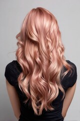 Fototapeta premium A woman with long, pink hair is wearing a black shirt