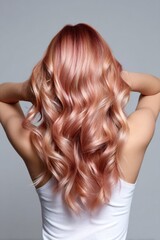 Fototapeta premium A woman with long, pink hair is shown with her arms crossed