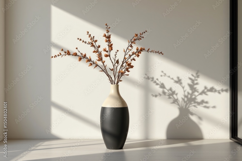 Poster a vase with branches casts a shadow in a minimalistic room.