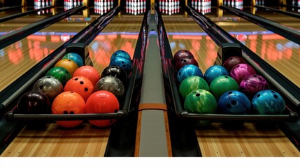 Colorful bowling balls ready for action in a bowling alley lane