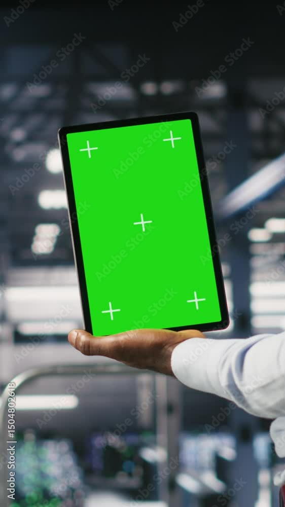 Poster vertical video close up of server hub admin using isolated screen tablet next to colleague reviewing